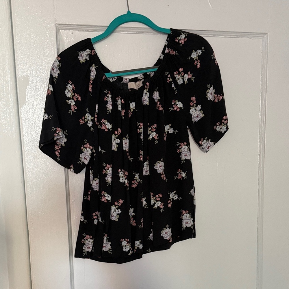 LOFT Black Blouse with Pink Floral Design